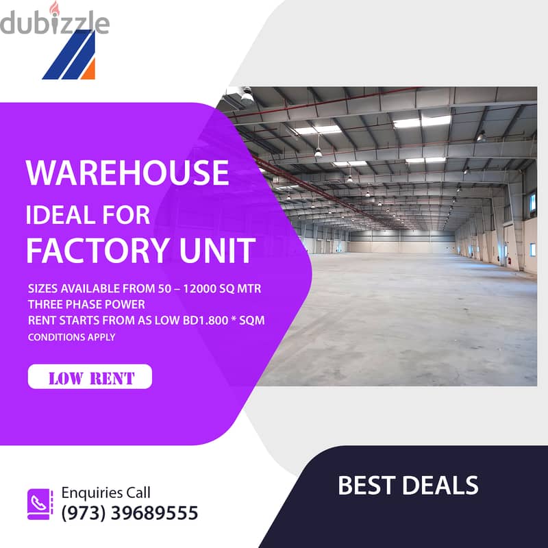 WAREHOUSE IDEAL FOR FACTORY  / WORKSHOP - 3PH Power - Call Us 39689555 1