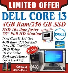DELL Optiplex Core i3 Computer Set & 23" FHD Monitor Ram 4GB 256GB SSD 0