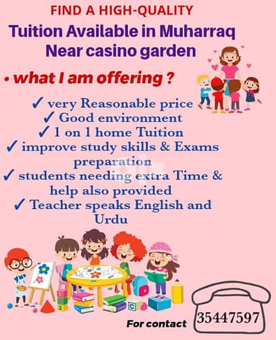 Tuition in Muharraq Near casino garden in Reasonable price