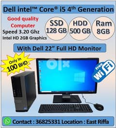 DELL i5 4th Gen Computer Free WiFi With Dell 22"FHD Monitor Ram 8GB 12 0