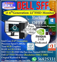 DELL i5 6th Gen Computer With 22"FHD Monitor 16GB Ram 512GB SSD 2GB 0