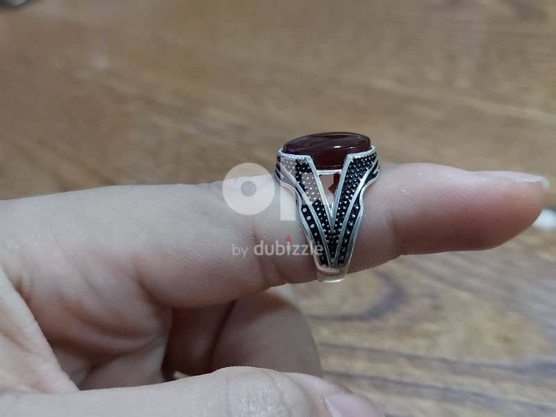 خاتم عقيق يماني كبدي والوان مختلفة Yemeni agate silver ring 4