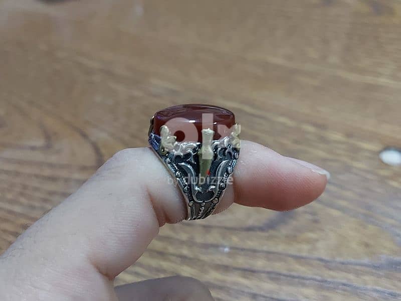 خاتم عقيق يماني كبدي والوان مختلفة Yemeni agate silver ring 5