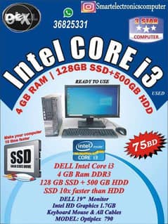 DELL i3 Computer SSD 10x Faster(SSD 128GB+500GB H/D) 19" Monitor Ready 0