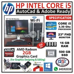 HP Core i5 Computer 23" FHD Monitor 16GB Ram+500GB SSD & AMD 2GB GPU 0