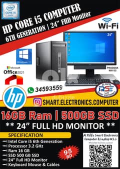 HP i5 6th Generation Computer With 24"FHD Monitor 16GB Ram + 512GB SSD 0