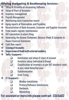 Accounting, Auditong, Bookeeping, VAT & ESR filing