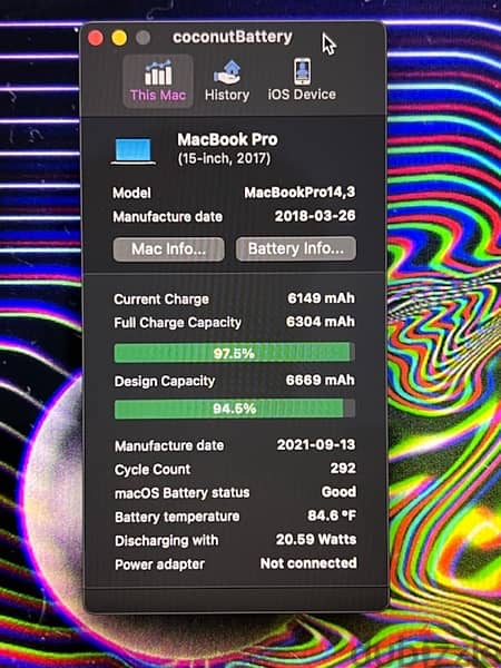 2017 MacBook Pro 15 inch 87% battery life 3