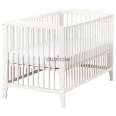 IKEA white crib with clean mattress, bumper and sheet and protector 0