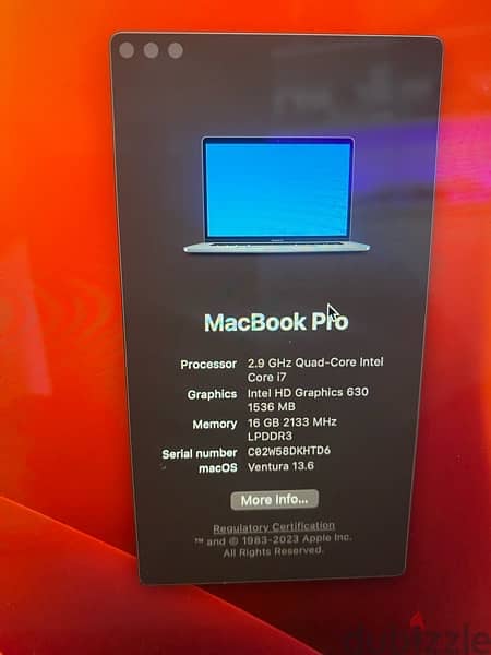 15.4” MacBook Pro with Touch Bar i7 3.9ghz 16GB 512SSD 4GB Graphics 1