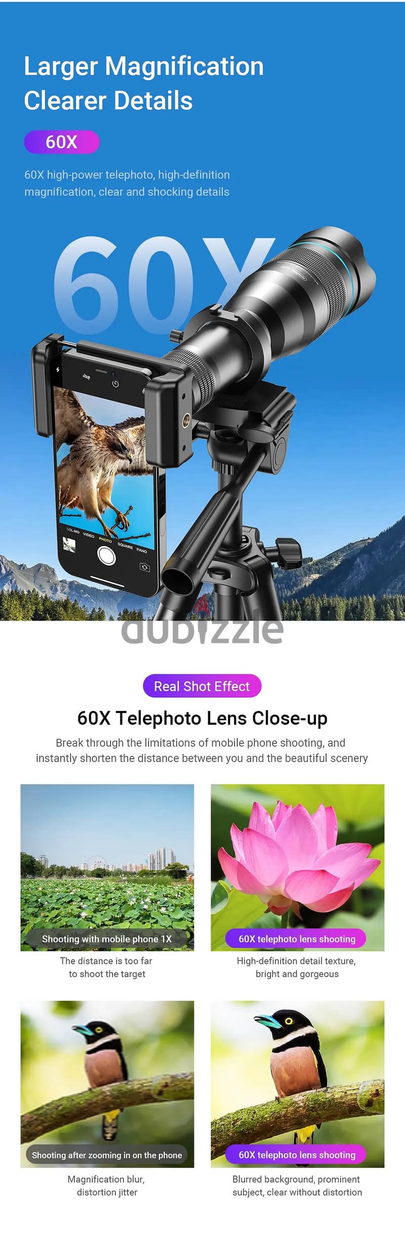 APEXEL 60X Telephoto Phone Lens Metal for Any Phone with Tripod 4
