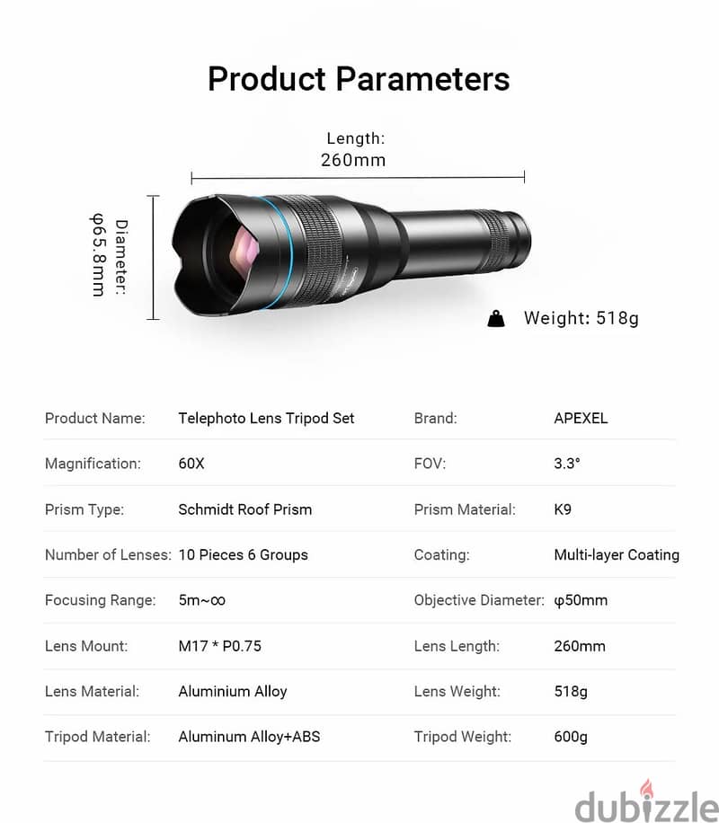 APEXEL 60X Telephoto Phone Lens Metal for Any Phone with Tripod 11