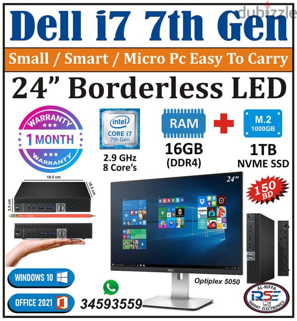 FULL SET 7th GEN Dell OptiPlex 7050 MINI PC-intel CORE I7-7700T-16GB DDR4  RAM-512GB SSD-24” SCREEN