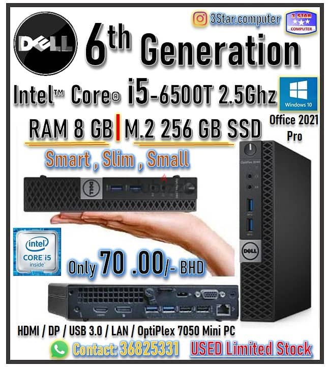 Dell OptiPlex 7050 Tiny Mini PC Core i5 6th Gen 256GB SSD RAM 16GB