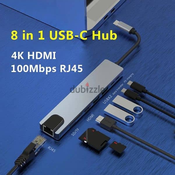 {New} 8 ports Multifunction Type-C Dongle OTG Adaptor - HDMI 4K - RJ45 1