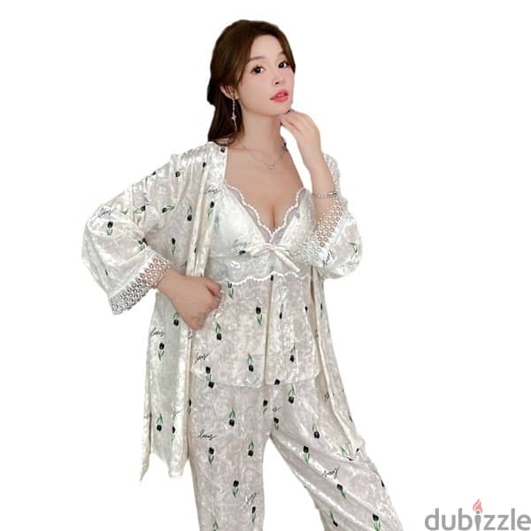 Gold velvet women's three-piece pajamas set 4