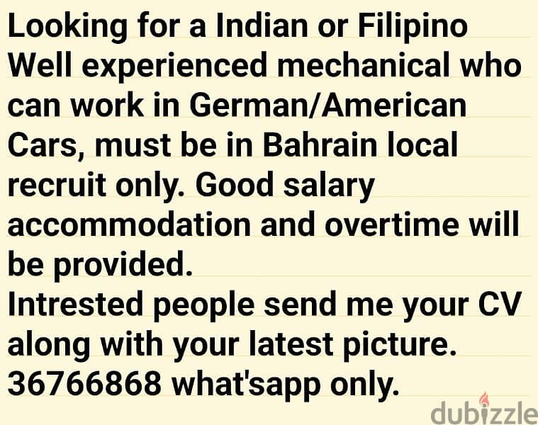 looking for a Indian or Filipino experience mechanic 0