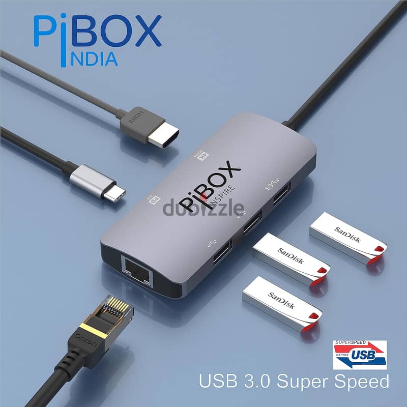 PiBox USB-C Hub (6-in-1) - 3x USB-A 3.0, HDMI, RJ45, USB-C PD 1