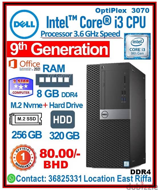 Dell 9th Generation Core I3-9100 3.6Ghz Processor Speed 8GB RAM DDR4 0