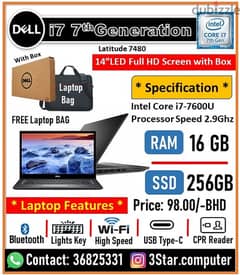 Dell 7480 Core I7 2.9Ghz 7th Gen RAM 16GB SSD 256GB Laptop 14" Screen