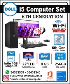 DELL Core i5 6th Generation Computer 22" FHD LED M. 2 256GB SSD+Ram 8GB