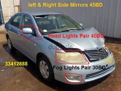 Toyota Corolla 2005 Head Lights Fog Lights Side Mirror