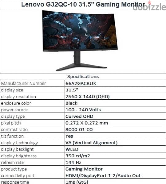 Lenovo 31.5 inches 2k(2560*1440)QHD Curved LED Gaming Monitor144hz,4ms 1