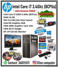 HP Computer Set Core i7 3.4Ghz (8CPUs) 16GB RAM 512GB SSD 19"Monitor