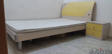 Bed cot with mattress and side table two door cupboard