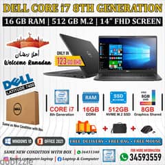 DELL Core i7 8th Gen. Laptop 16GB RAM + 512GB M2 SSD 14" FHD Screen