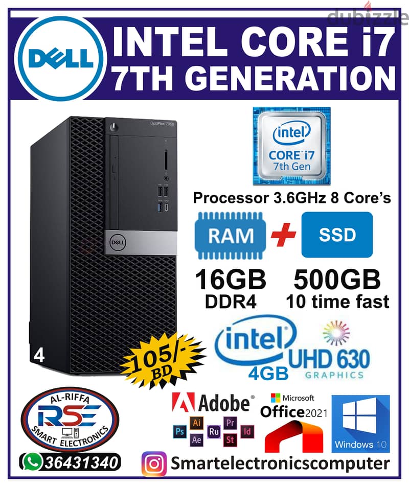 DELL Core i7 7th Generation 3.6 GHz Computer 16GB RAM SSD 512GB Ready 0