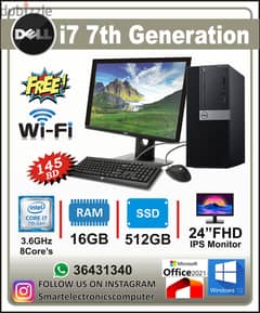 DELL i7 7th Generation Computer Set 24" FHD Monitor 16GB Ram+512GB SSD 0