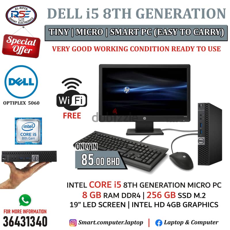 DELL i5 8th Generation Tiny Micro Computer 19" LED Monitor 8GB Ram+256 1