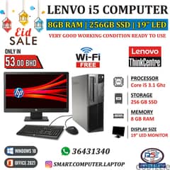 LENOVO Core i5 WIFI Computer Set 8GB Ram + 256GB SSD 19" LED Monitor