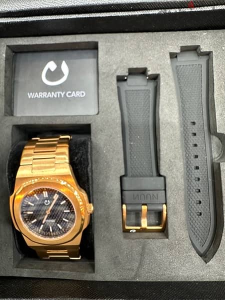 Nuun gents watch rose gold plated with card and box and strap 1