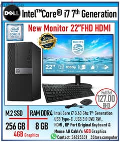 Dell Core i7 7th Generation Computer With New Monitor 22"HDMI Monitor 0