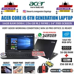 ACER i5 Laptop 6th Gen 16GB DDR4 RAM 14" FHD Screen 256GB M. 2 8GB Ram