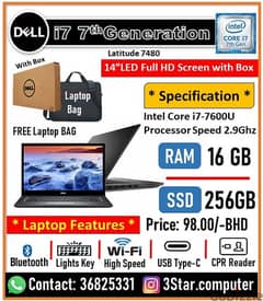 Dell 7480 Core i7 2.9Ghz 7th Gen RAM 16GB SSD 256GB Laptop 14"Display 0