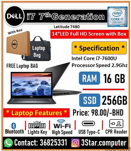 Dell 7480 Core i7 2.9Ghz 7th Gen RAM 16GB SSD 256GB Laptop 14"Display 0