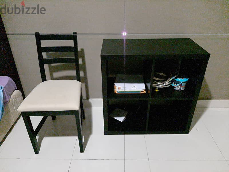 Desk, bookcase, chair, floor lamp 1