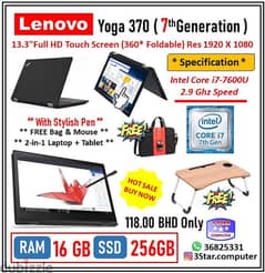 Yoga 370 Laptop+Tablet Core i7 7th Gen 16GB RAM Laptop Bag,Mouse,Table 0