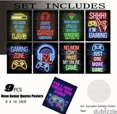 9pcs Neon Gamer Quotes Posters Prints, Gamin 0