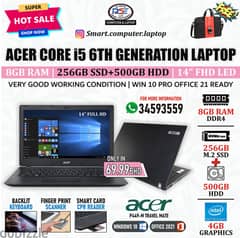 ACER 6th Generation i5 Laptop 14" FHD 8GB RAM 256GB M. 2+500GB FREE BAG