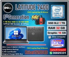 Dell Core I7 8th Generation Laptop 32GB RAM DDR4 1TB SSD M. 2 14"Screen