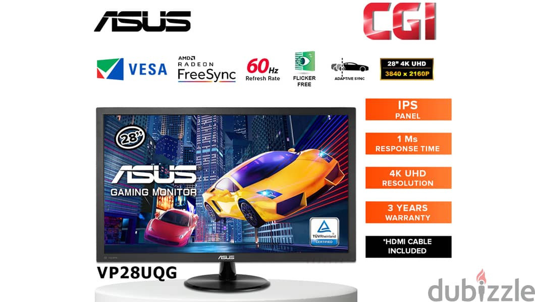 Asus 28" 4K UHD Monitor شاشة اسوس عالية الوضوح للألعاب والكمبيوتر 1