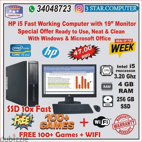 HP i5 FREE 100+ Games, WIFI 10x Fast Working Computer 19" LED Monitor 1