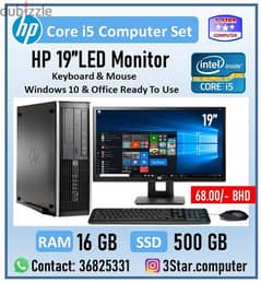 HP Computer Set Core I5 3.10GHz RAM 16GB New SSD 500GB HP 19" Monitor
