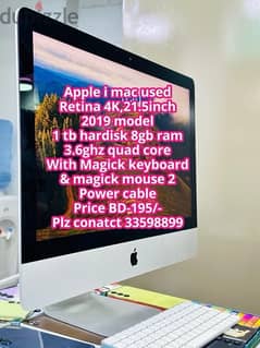 Apple i mac used  Retina 4K,21.5inch 2019 model 1 tb hardisk 8gb ram