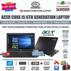 ACER Core i5 6th Gen Laptop 16GB RAM 256GB SSD + 500GB FREE BAG+MOUSE 0
