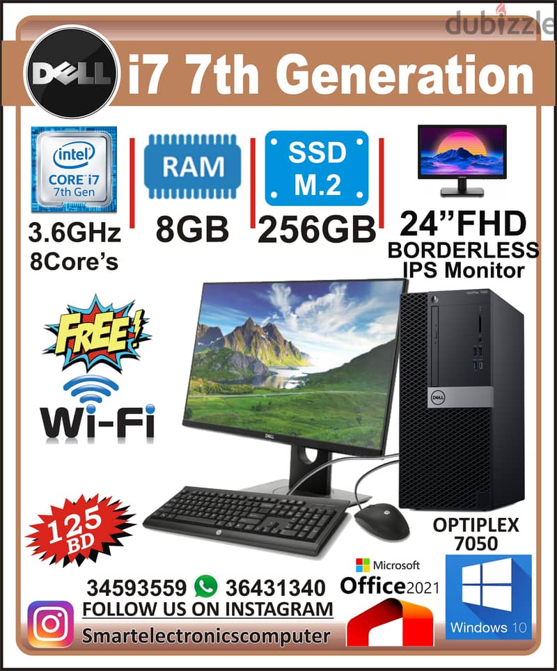 DELL i7 7th Generation Computer 24" Borderless Monitor 8GB RAM + 256GB 0